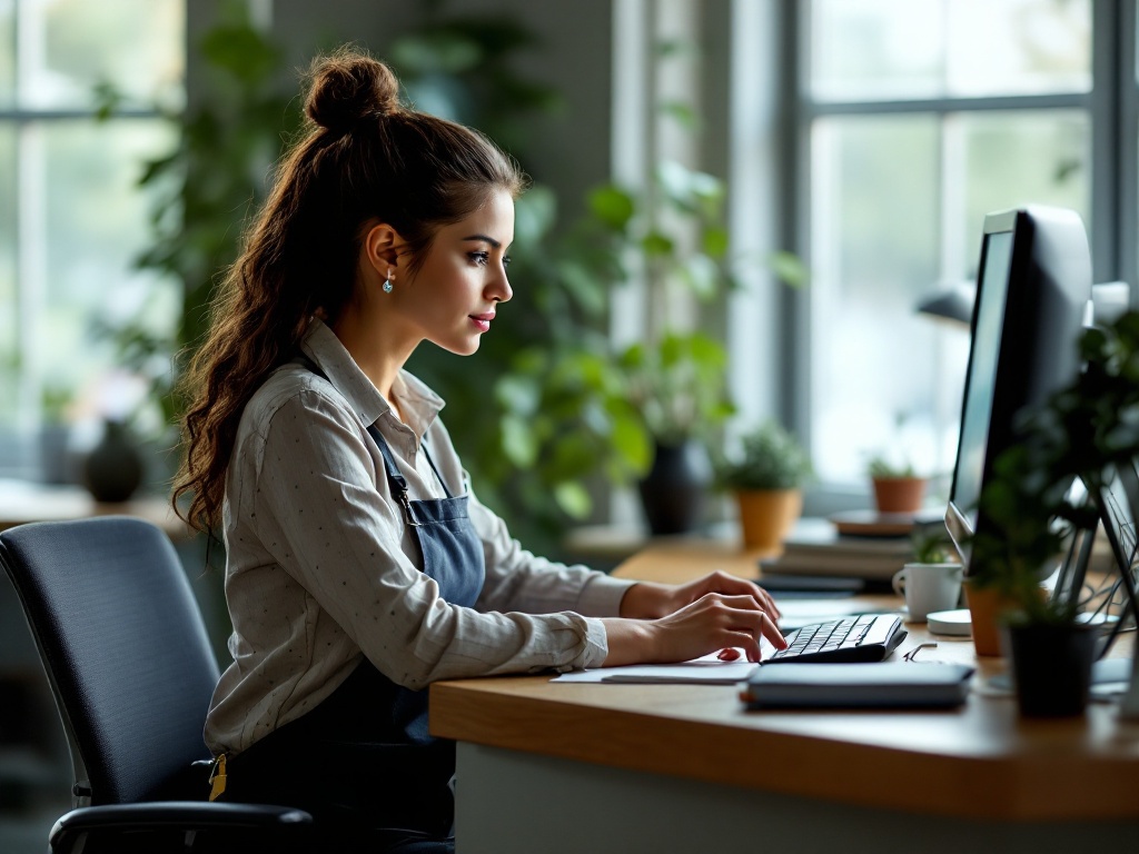 Professional receptionist at office desk greeting clients, answering phone calls, scheduling appointments in modern home serv