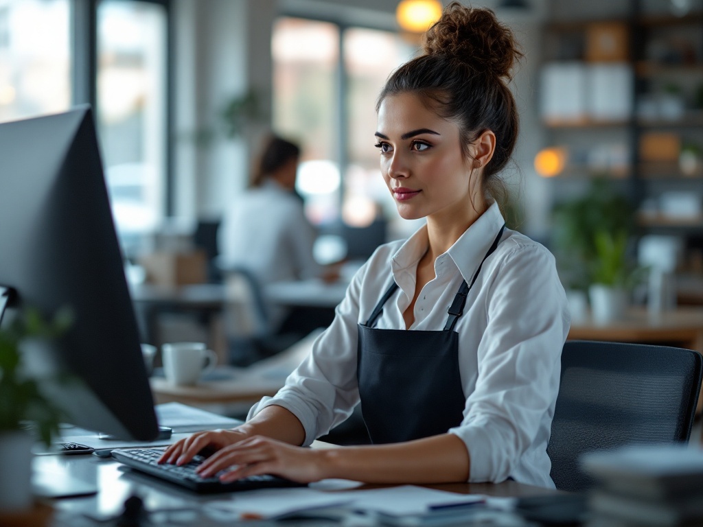Professional receptionist at front desk with computer, phone, and scheduling materials in modern office environment