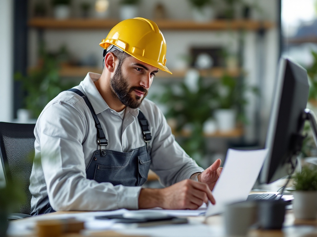 Pest control technician in uniform spraying treatment around residential foundation, equipped with professional equipment and